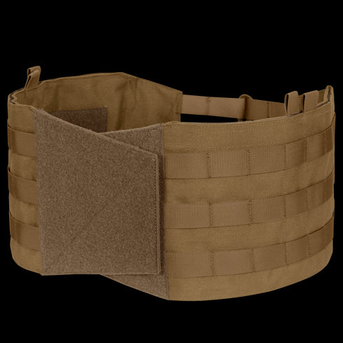 The Condor Modular Operator Plate Carrier Gen II is a tan tactical vest with MOLLE webbing and a Velcro flap, designed for attaching gear and providing support.